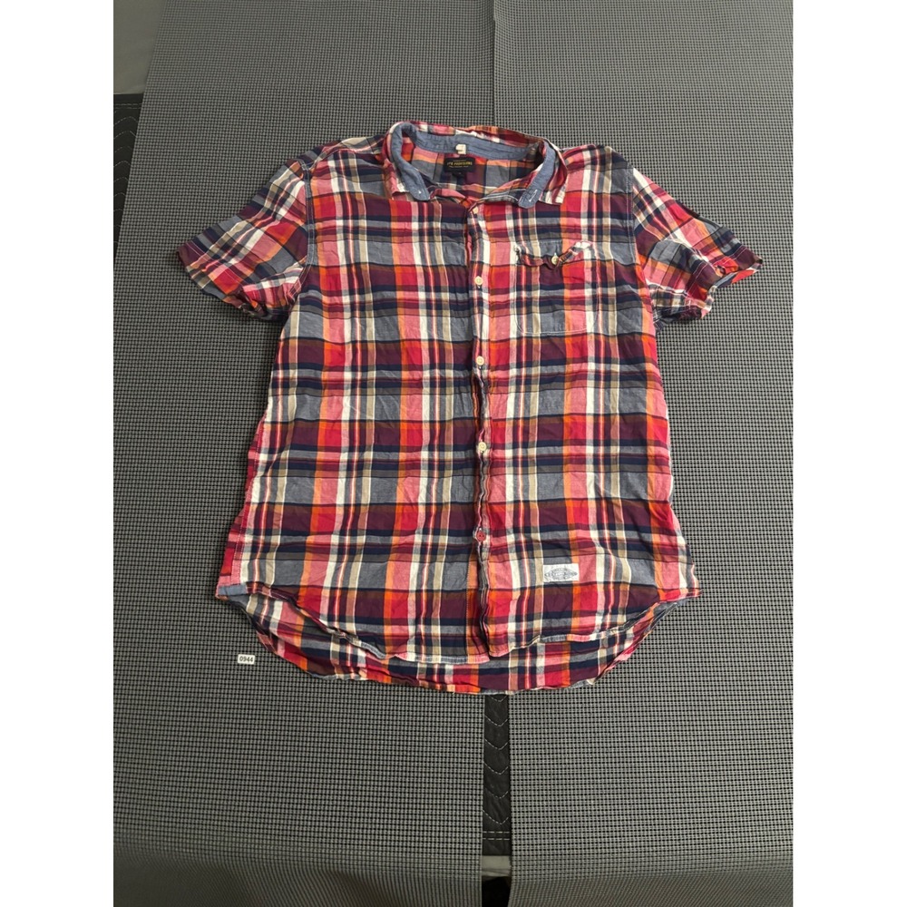 CPO Provisions Mens Large Red Orange Navy Plaid Short Sleeve Button Down Shirt